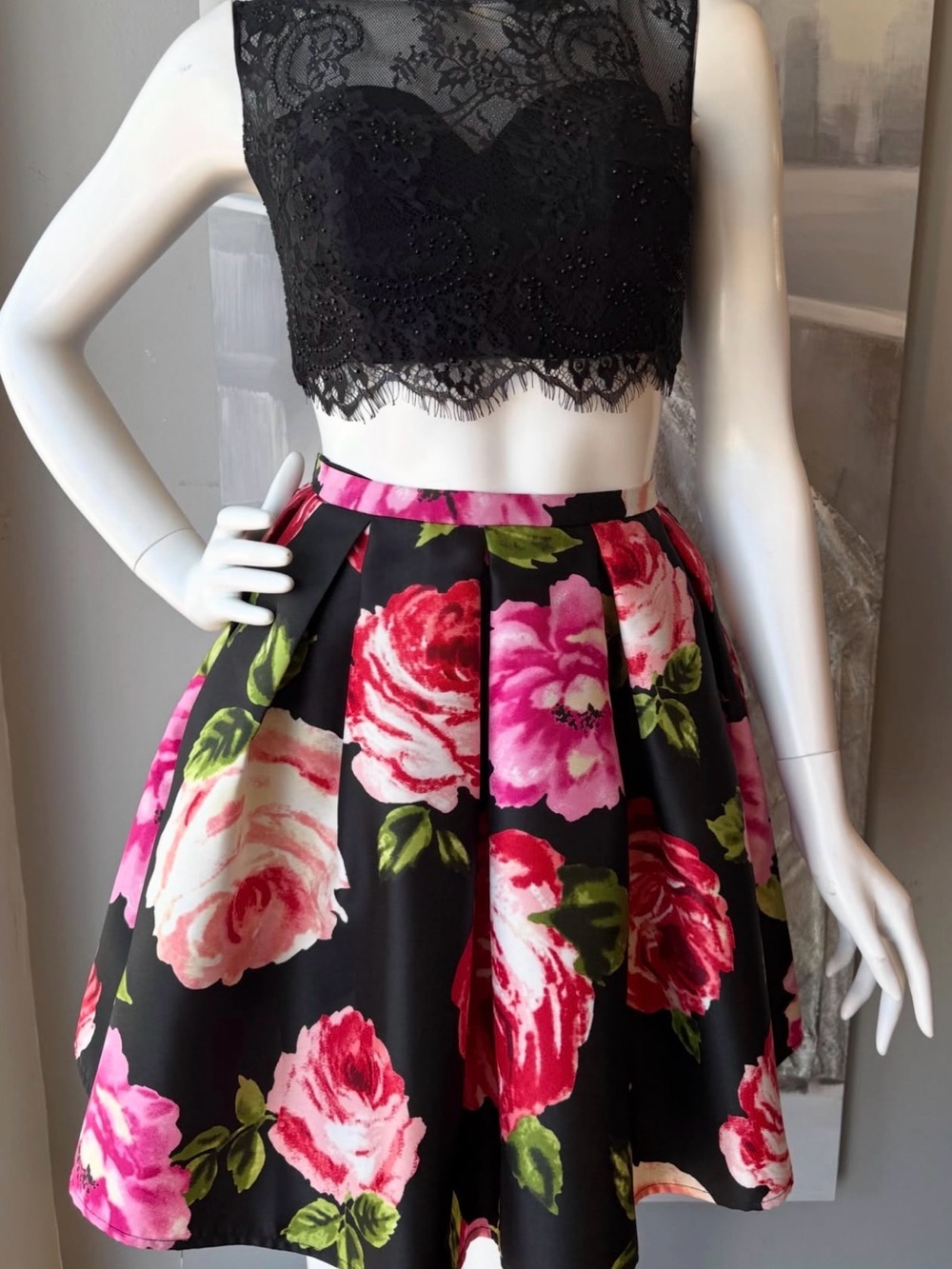 Black Floral Mini Dress with Pink & Red Roses